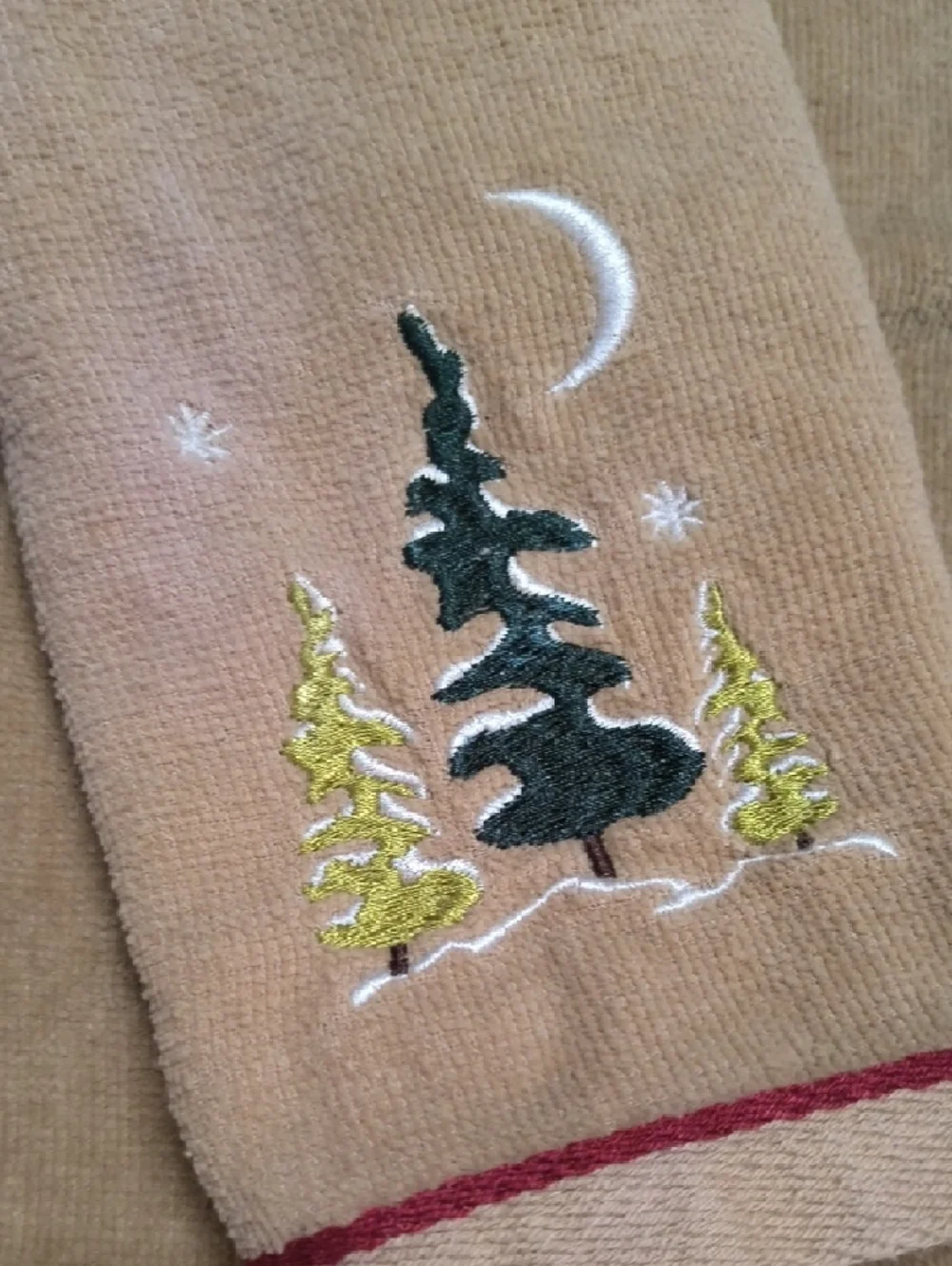 Embroidered Moose & Pine Kitchen Towel Set in Tan